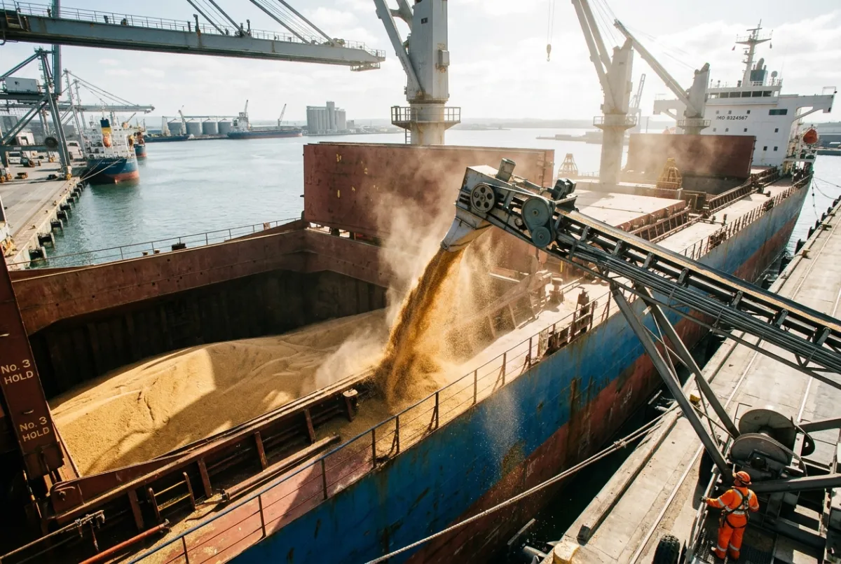 Bulk agricultural grain loading into the cargo hold of an ocean freight bulk carrier at port.