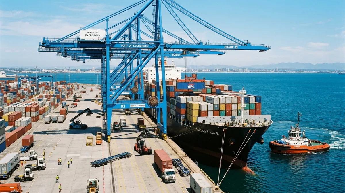 Container vessel berthed at a deep-sea port terminal with gantry cranes loading export containers.