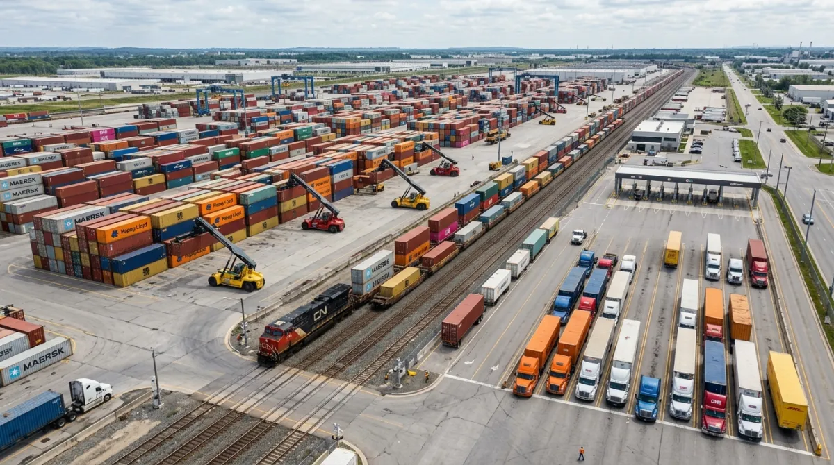 Multi-modal freight terminal featuring container handling equipment, rail spurs, and logistics transport.
