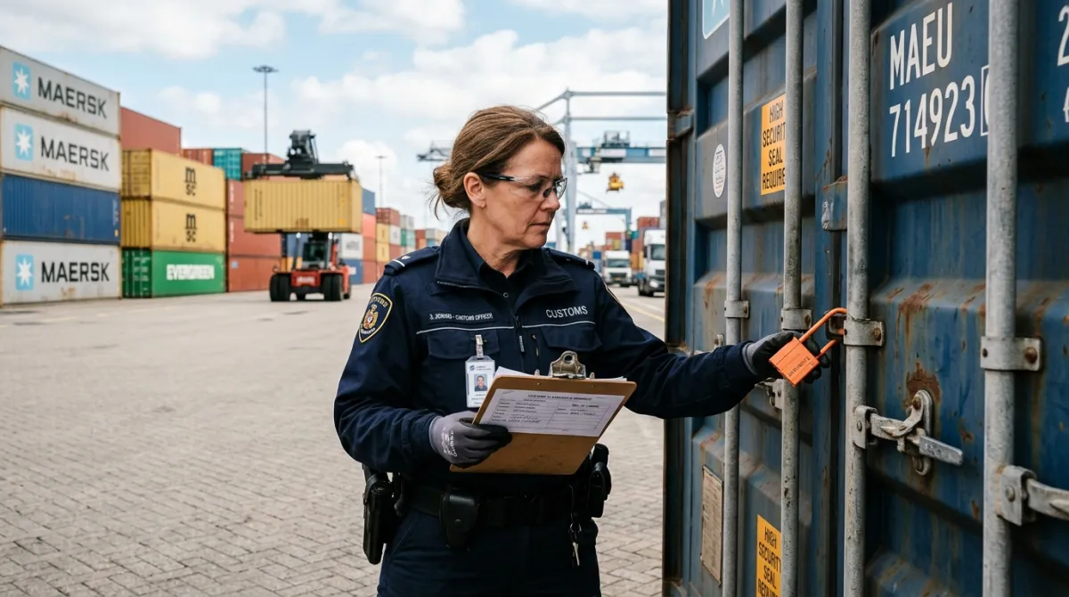 Customs clearance official reviewing cargo manifest paperwork and verifying container security seals.