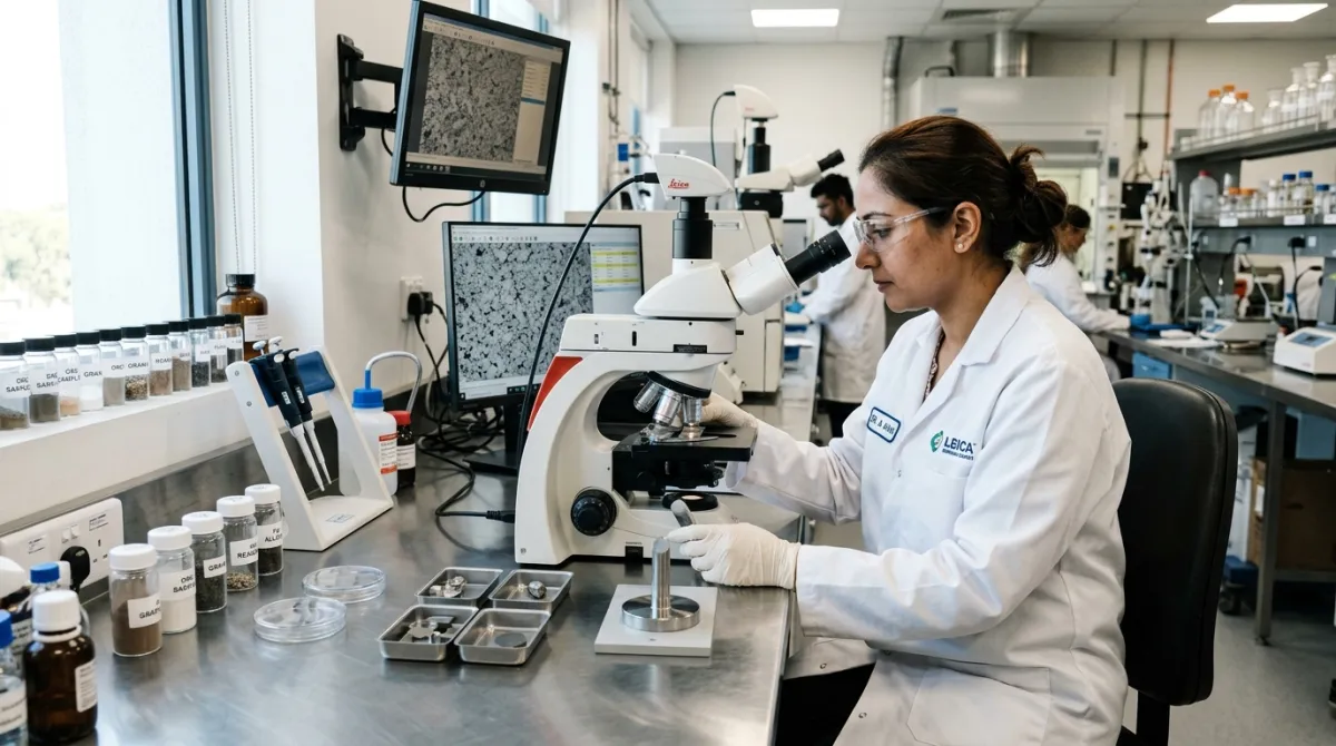 Laboratory technician analyzing industrial raw material samples for composition and quality verification.