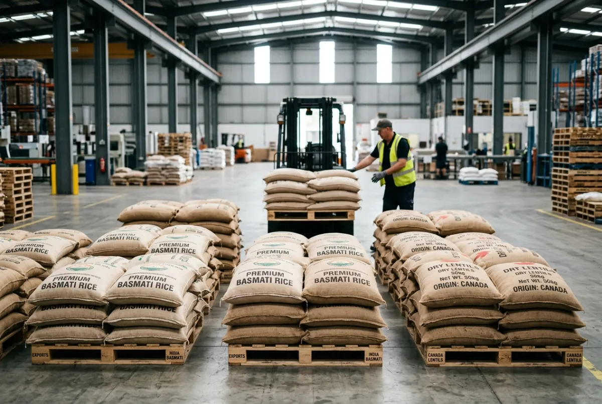 Export-ready pallets of graded basmati rice and pulses stored in a commercial transit warehouse.