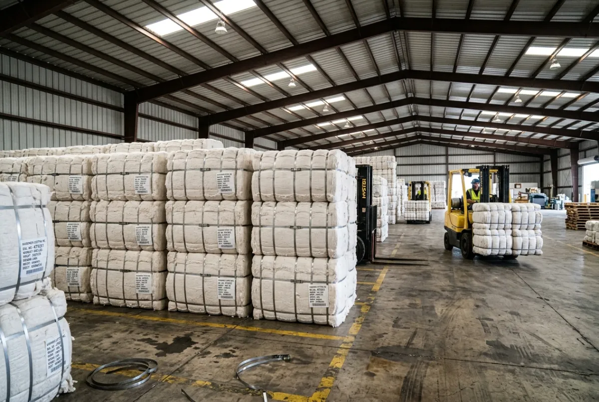 High-density compressed raw cotton bales stacked in a logistics warehouse awaiting containerization.