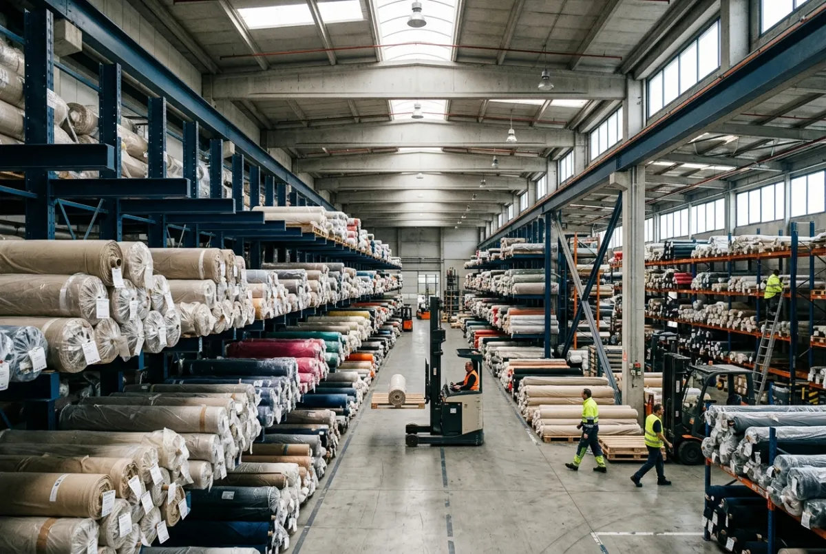 Commercial warehouse inventory of woven fabric rolls on heavy industrial cantilever racking.