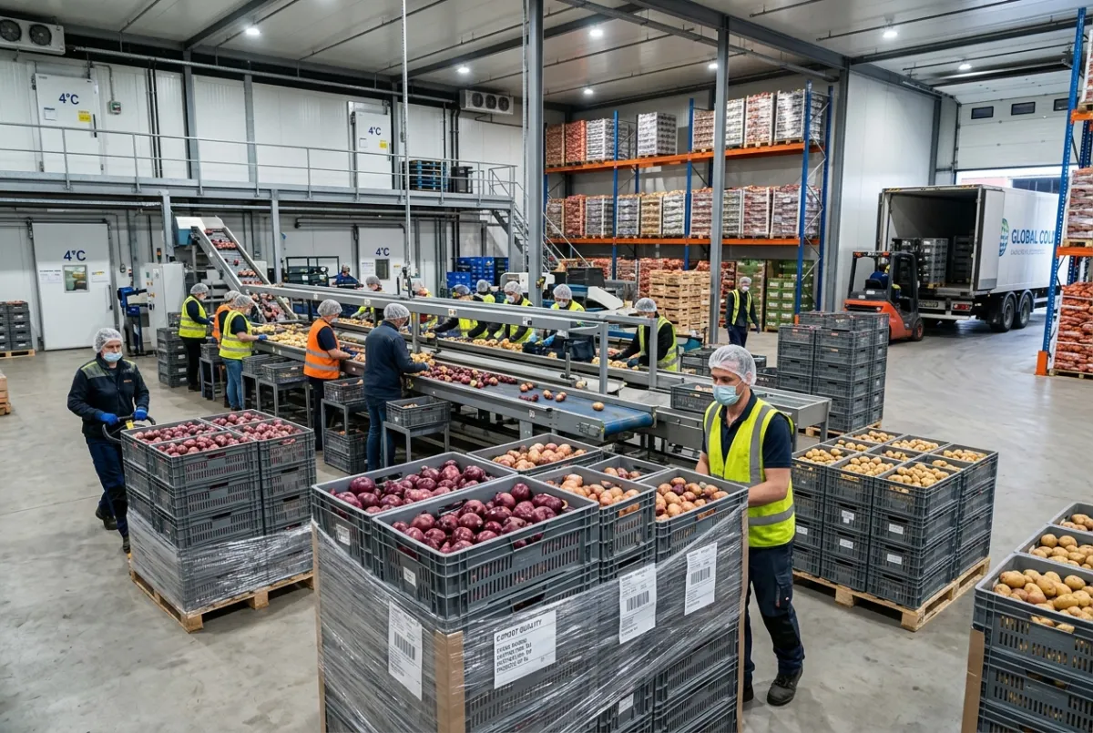 Temperature-controlled sorting and packaging of fresh commercial produce in an export facility.