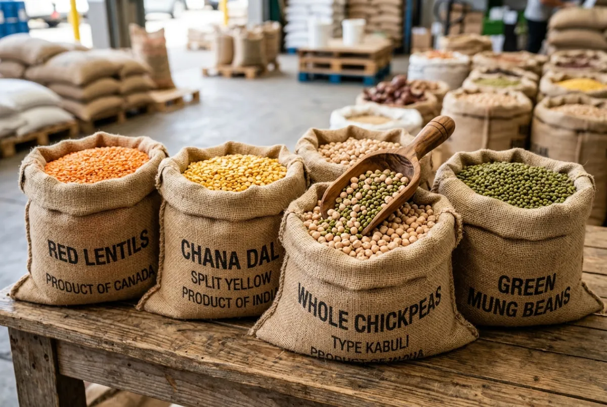 Assorted commercial grade red lentils, yellow split peas, and whole chickpeas in export burlap sacks.
