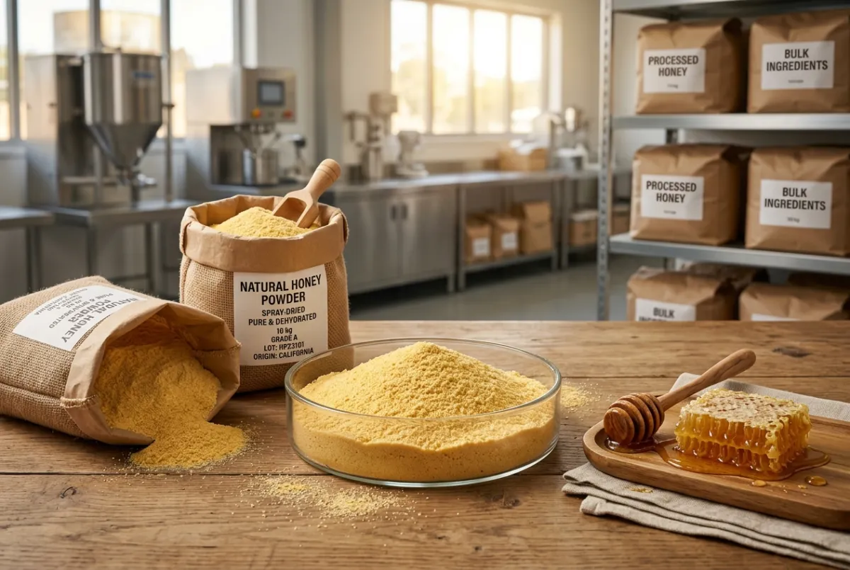 Dehydrated pure spray-dried golden honey powder in commercial food-grade containers.