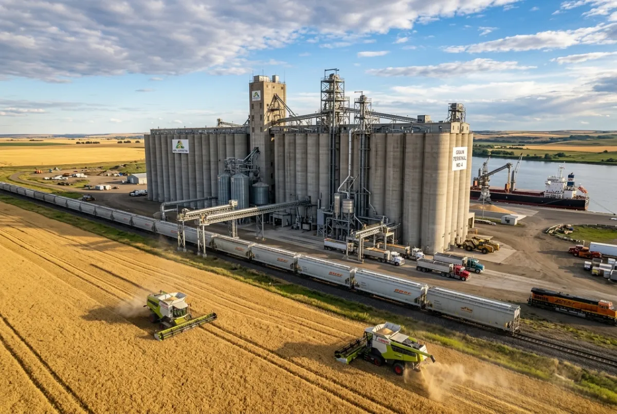 Industrial grain export terminal and modern concrete silos beside expansive golden wheat harvest fields.