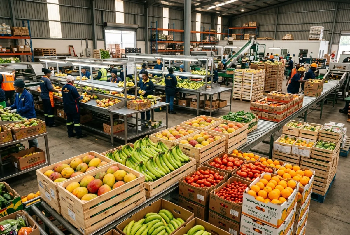 Commercial fruit sorting warehouse with export crates of mangoes, bananas, tomatoes, and citrus.