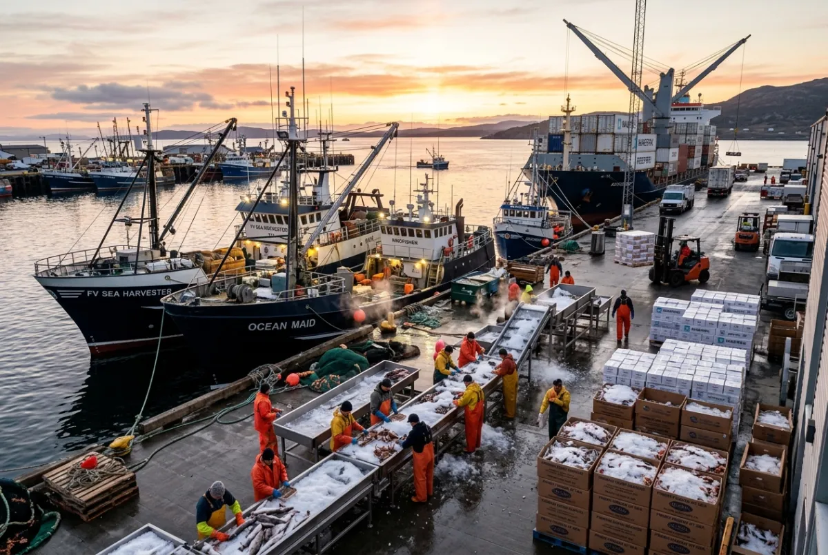 Commercial seafood trawlers docked at quayside with iced sorting conveyors and frozen export master cartons.