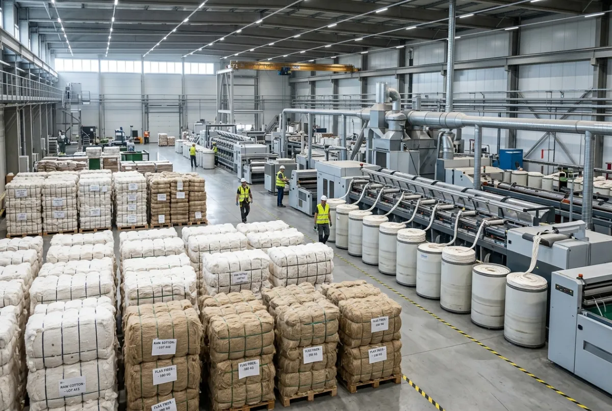 Textile fiber warehouse with systematic stacks of raw cotton bales, natural plant fibers, and spinning machinery.
