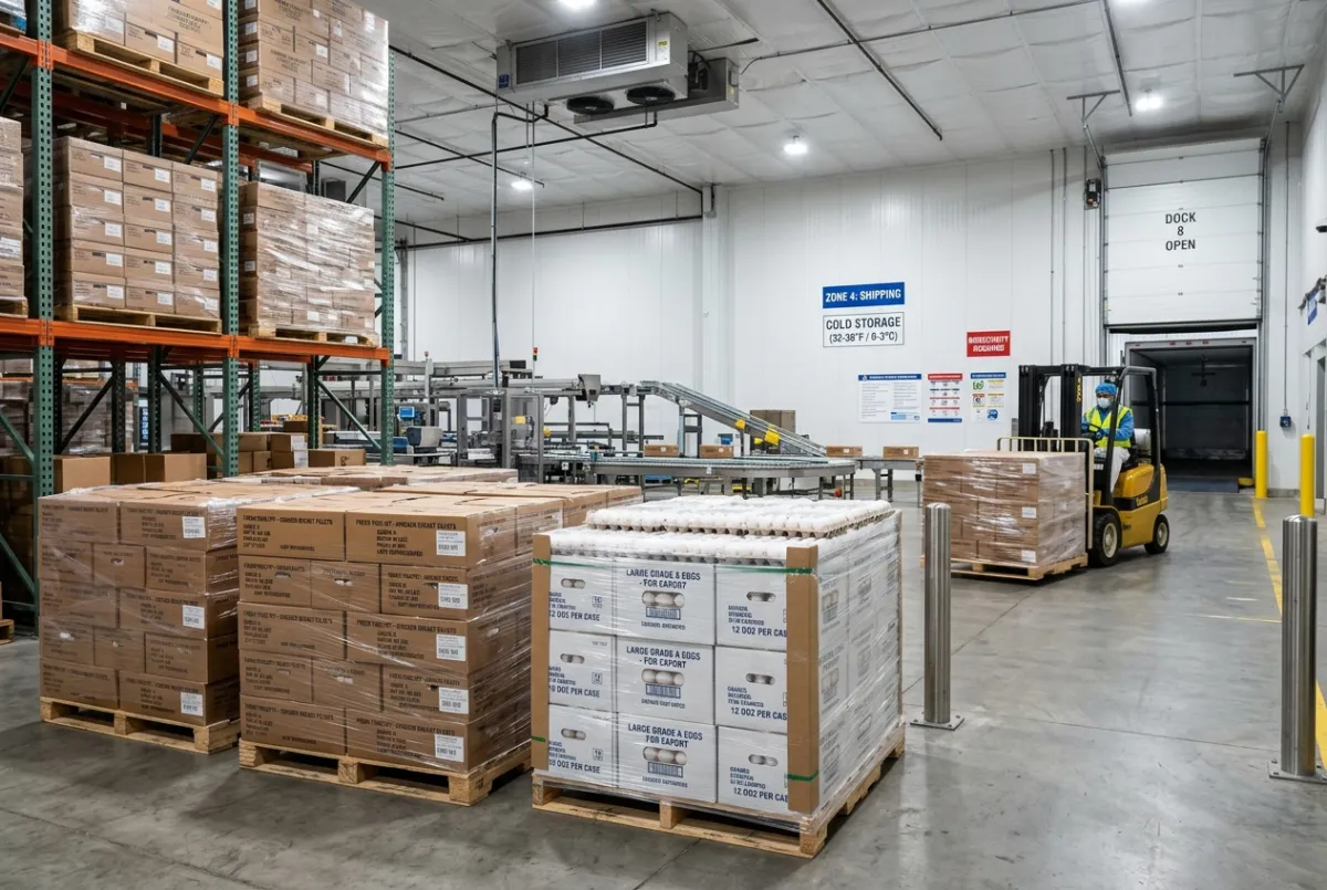 Modern biosecure poultry cold-storage warehouse with palletized broiler cartons and export egg trays.