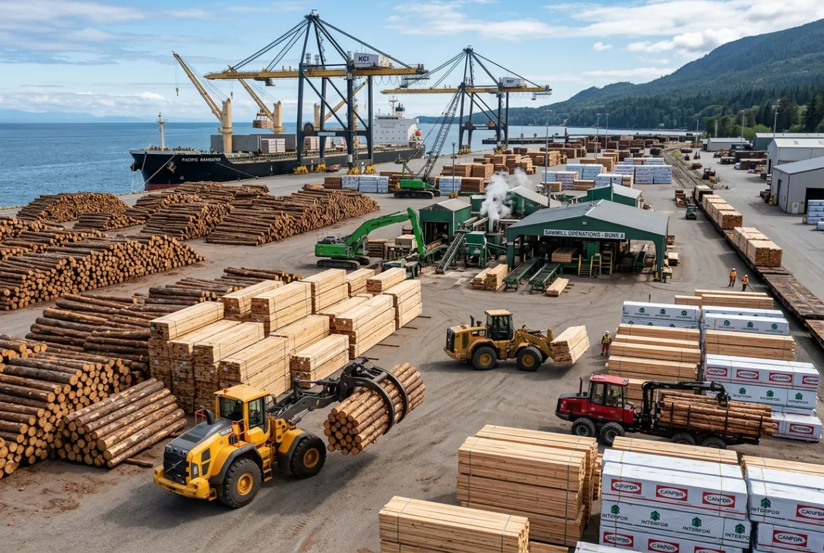 Commercial timber export yard with sorted round logs, bundled sawn lumber, and breakbulk vessel loading.