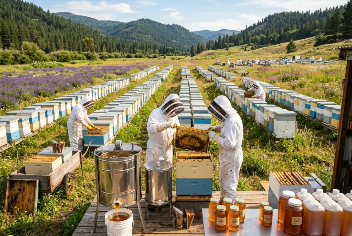 Commercial apiary farm with rows of beehives in a flowering mountain valley and honey extraction equipment.