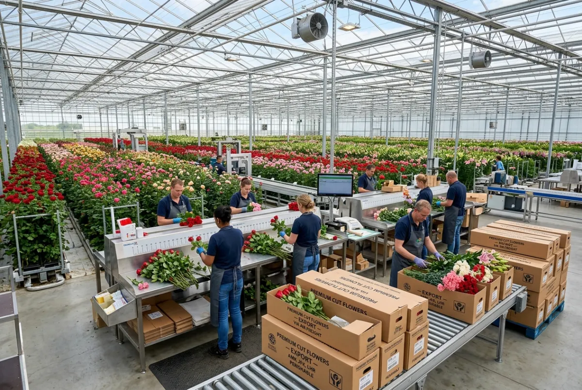 Expansive commercial glasshouse with rows of blooming cut roses and workers packing export flower cartons.