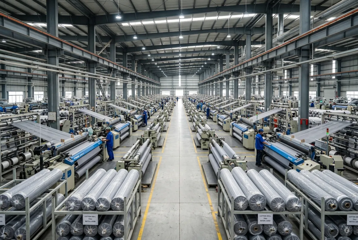 Large-scale modern textile mill with automated high-speed weaving looms and organized rolls of woven fabric.