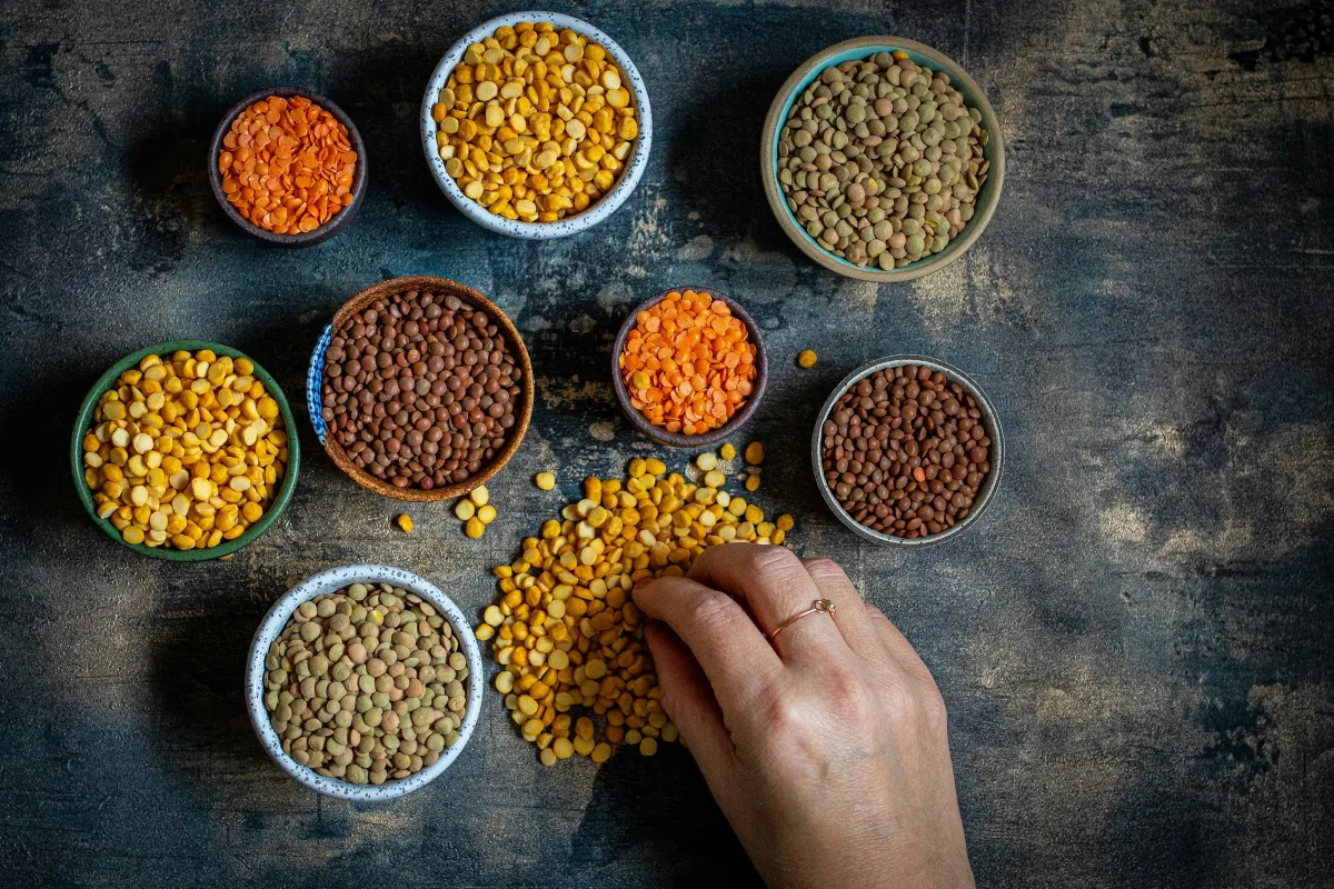 Mangkuk berisi dal perang, hijau dan merah serta kekacang belah kuning di atas meja gelap