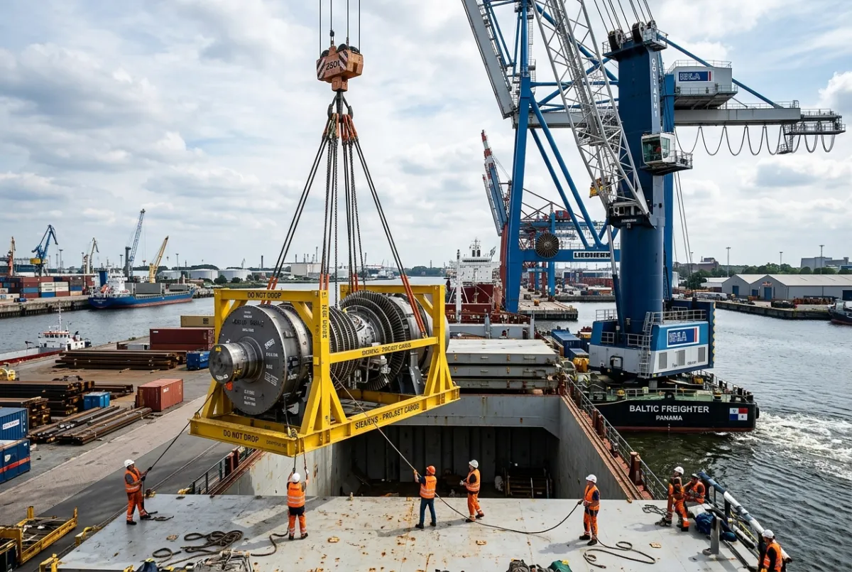 Heavy industrial project cargo being hoisted by a harbor crane onto a commercial cargo vessel.
