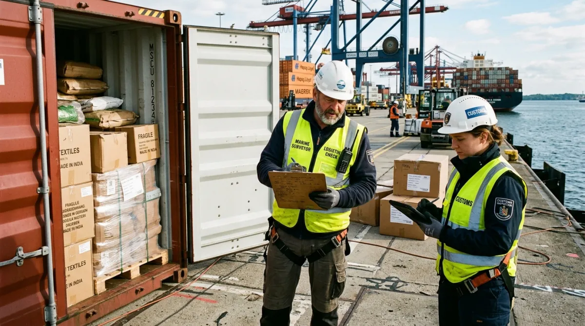 Quality control inspectors and trade officers conducting container examination at a commercial dock.